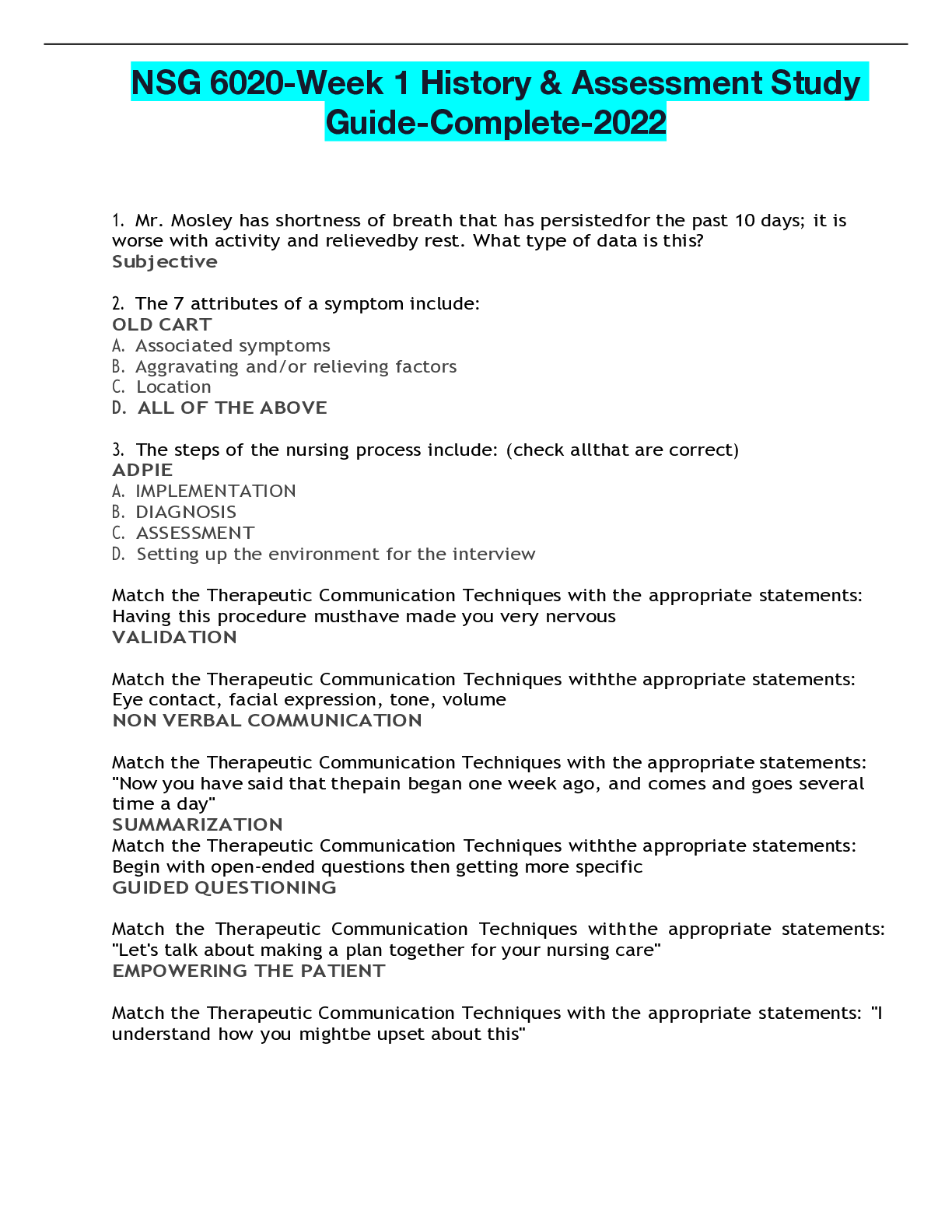 Preview of NSG 6020-Week 1 History & Assessment Study Guide-Complete-2022